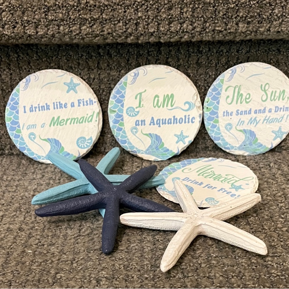 Coastal Mermaid Coasters and Starfish Decor Set - Aqua, Teal, Navy, White